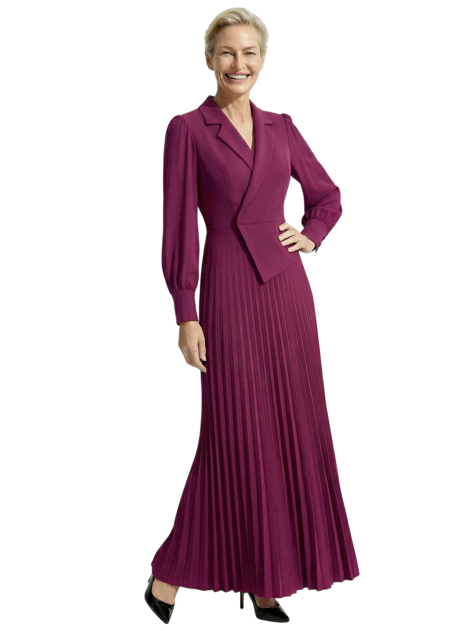 Chicsew Mother of The Bride Dress Blazer Neck Long Sleeve Pleated Crepe Maxi Gown Classy Elegant Design