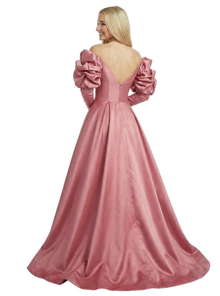 Sweet Satin Long Sleeves V-Neck A-Line Long Party Prom Dresses