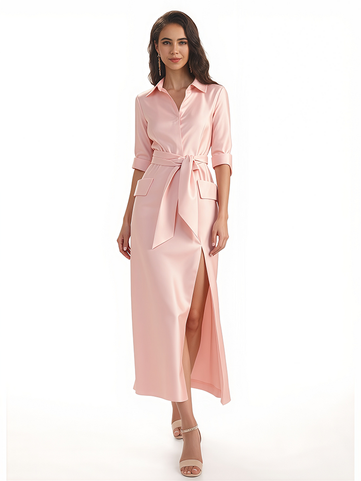 Simple Silky Satin Half Sleeves Sheath Ankle-Length Formal Evening Gowns For Women Side Slit