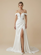 Mermaid Off Shoulder V-Neck Maxi Long Satin Wedding Gowns With Train