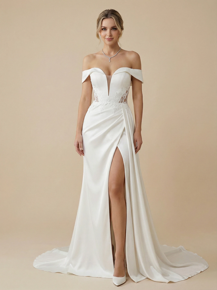 Mermaid Off Shoulder V-Neck Maxi Long Satin Wedding Gowns With Train
