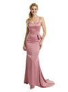 Elegant Mermaid Spaghetti Straps Bow Knot Satin Long Party Prom Dresses