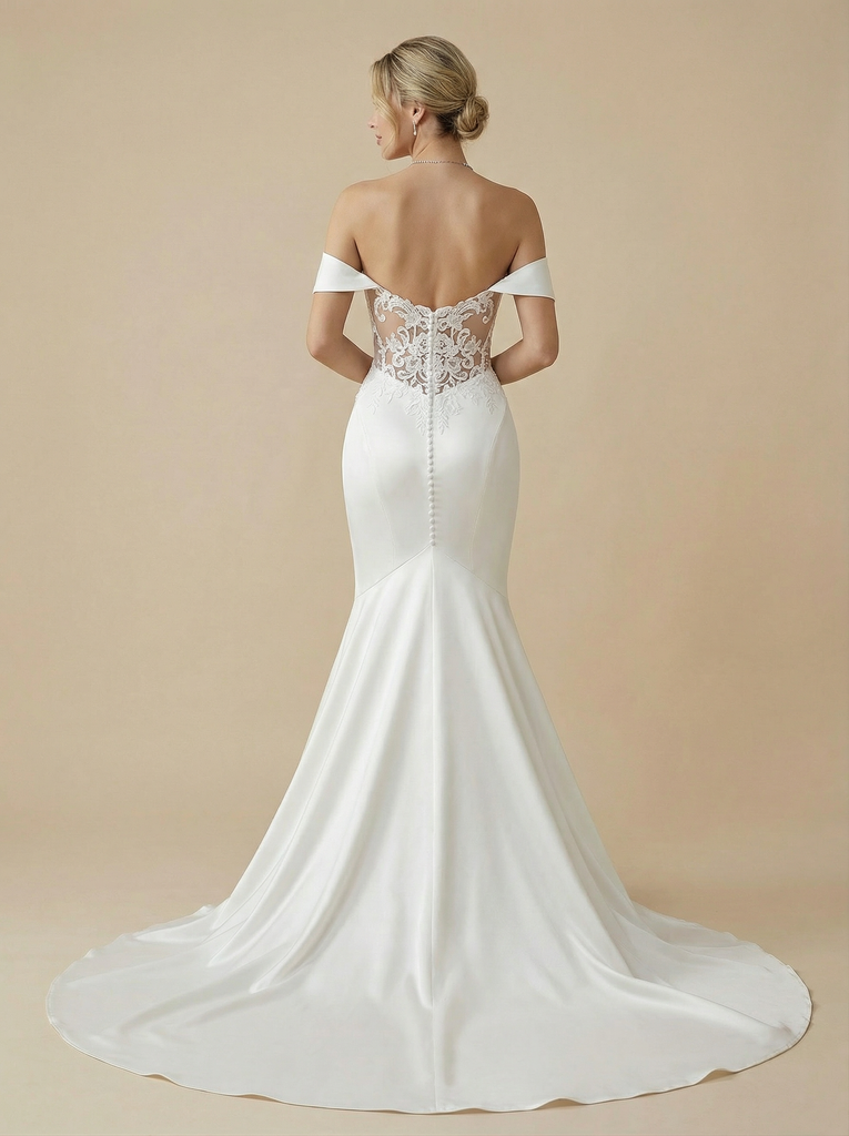 Mermaid Off Shoulder V-Neck Maxi Long Satin Wedding Gowns With Train