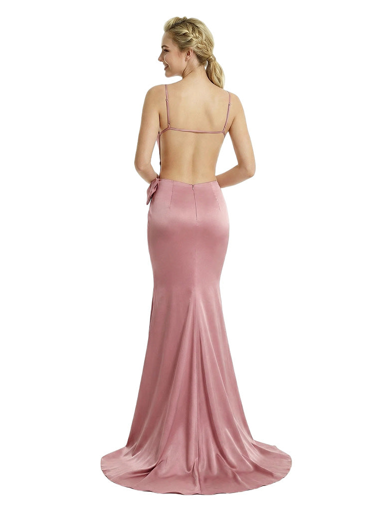 Sexy Backless Mermaid Spaghetti Straps Bow Knot Satin Long Party Prom Dresses