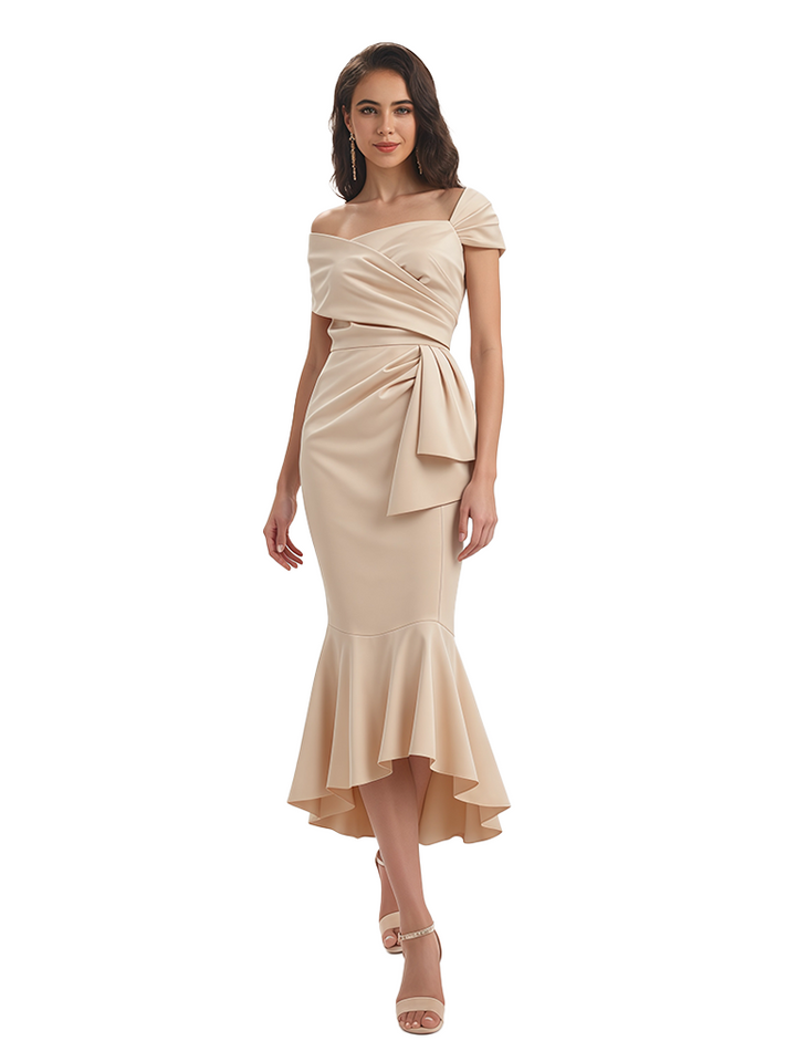 Sexy Off Shoulder Silky Satin Asymmetrical Mermaid Long Formal Evening Dresses For Women