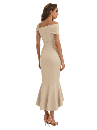 Sexy Off Shoulder Silky Satin Asymmetrical Mermaid Long Formal Evening Dresses For Women