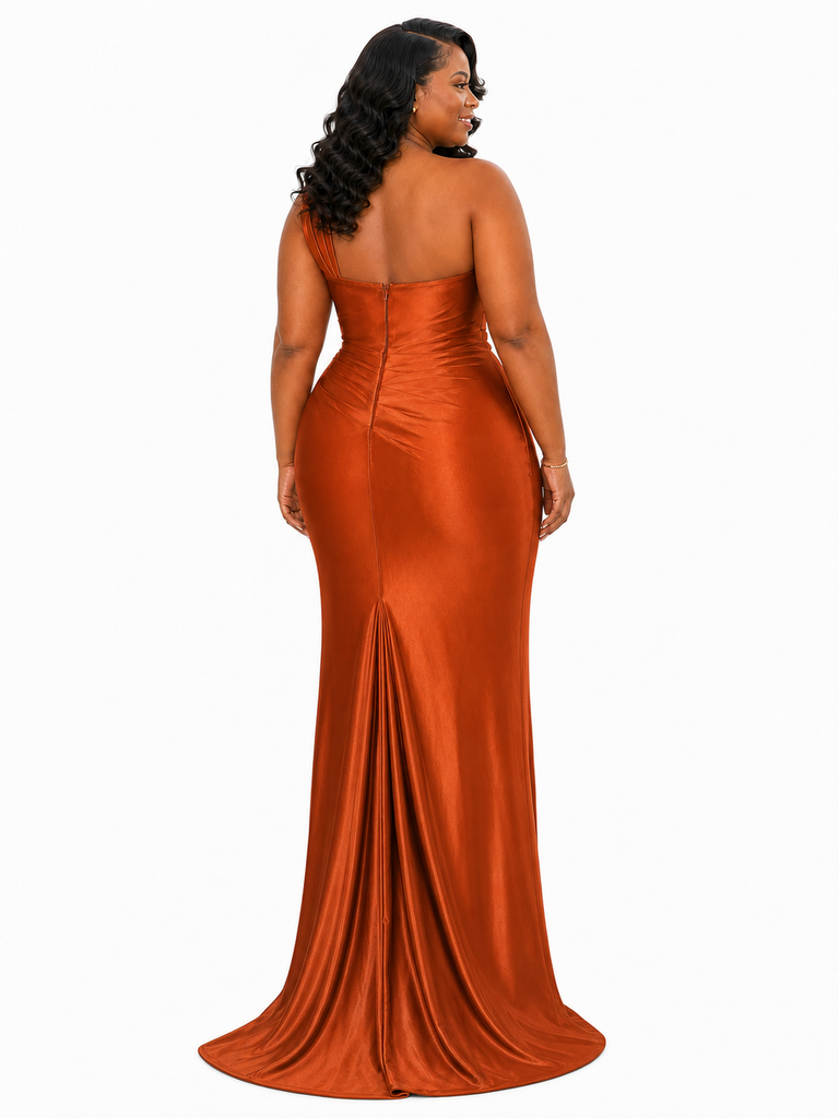 ChicSew Elegant Ruched One Shoulder Mermaid Soft Satin Long Bridesmaid Dresses With Side Slit
