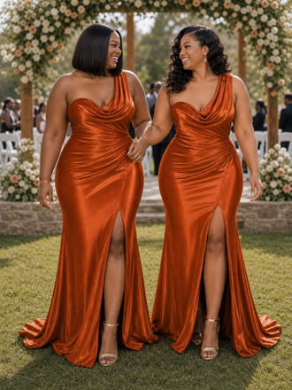 ChicSew Elegant Ruched One Shoulder Mermaid Soft Satin Long Bridesmaid Dresses With Side Slit