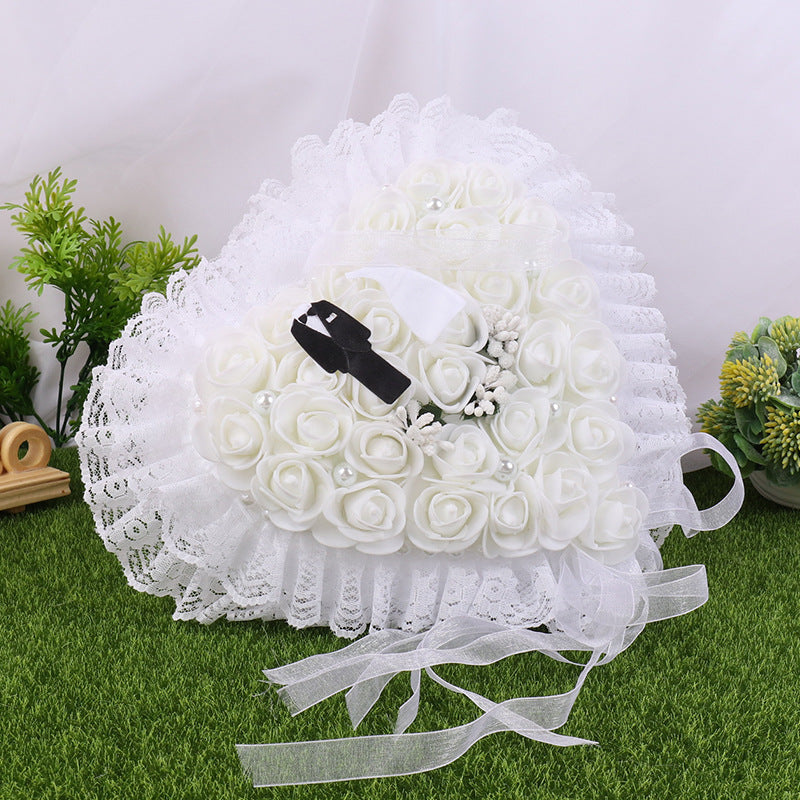 White Wedding Ring Pillow Ring Pillow Holder Lace Ring Box For Brides And Groom, JZH-5883