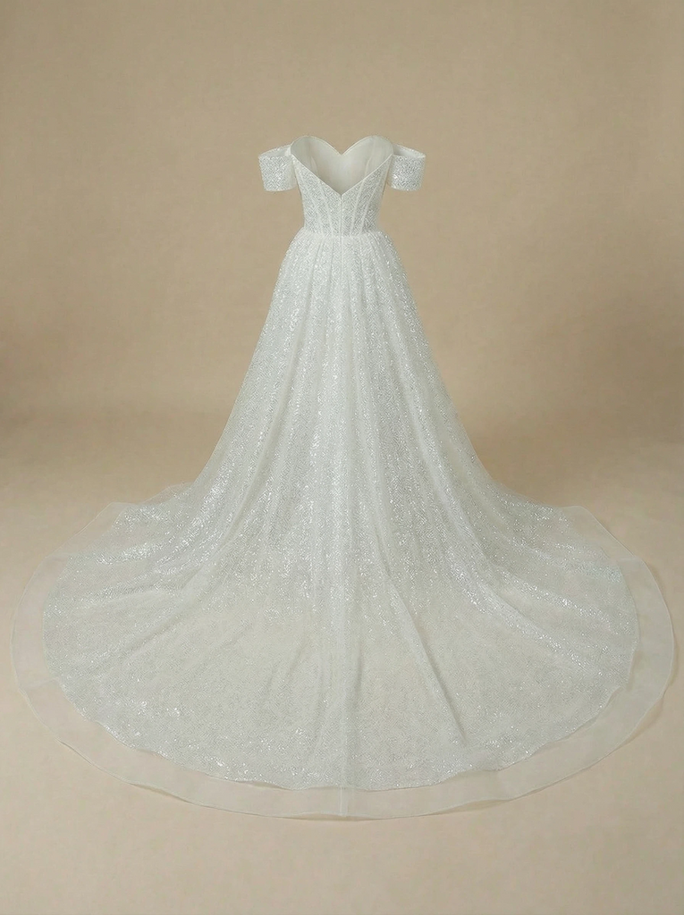 Mermaid Off Shoulder Sweetheart Boning Maxi Long Sequin Wedding Gowns With Train