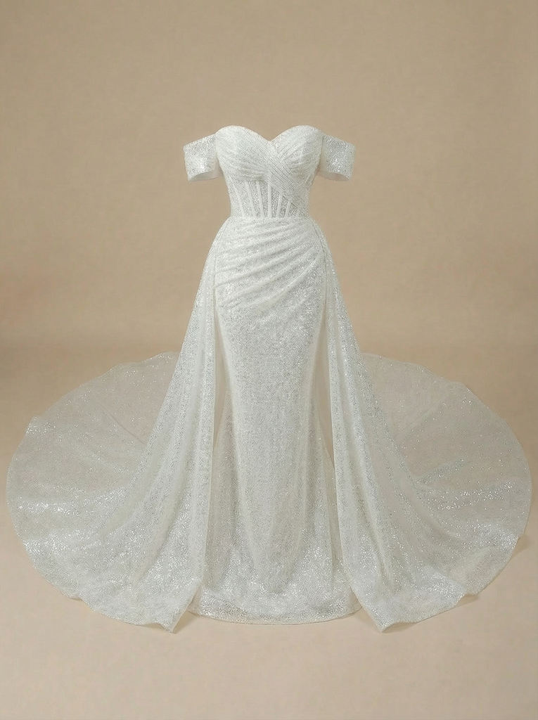 Mermaid Off Shoulder Sweetheart Boning Maxi Long Sequin Wedding Gowns With Train