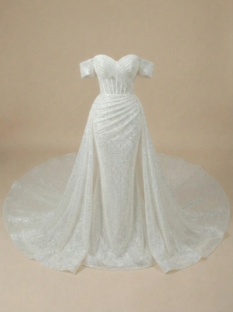 Mermaid Off Shoulder Sweetheart Boning Maxi Long Sequin Wedding Gowns With Train