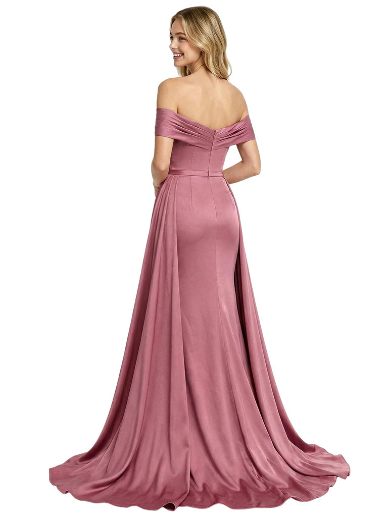 Classy Mermaid Off Shoulder Satin Long Party Prom Dresses Overskirt