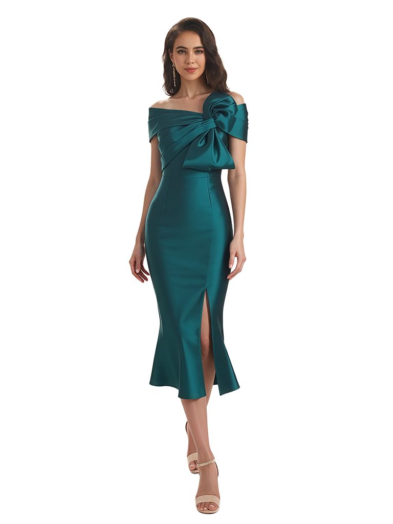 Simple Silky Satin Asymmetrical Sheath Tea-Length Formal Evening Gowns For Women Side Slit