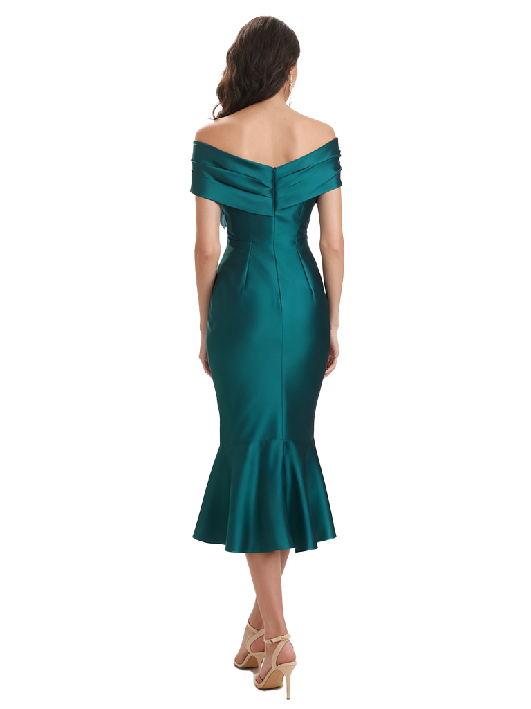 Simple Silky Satin Asymmetrical Sheath Tea-Length Formal Evening Gowns For Women Side Slit
