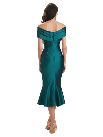 Simple Silky Satin Asymmetrical Sheath Tea-Length Formal Evening Gowns For Women Side Slit