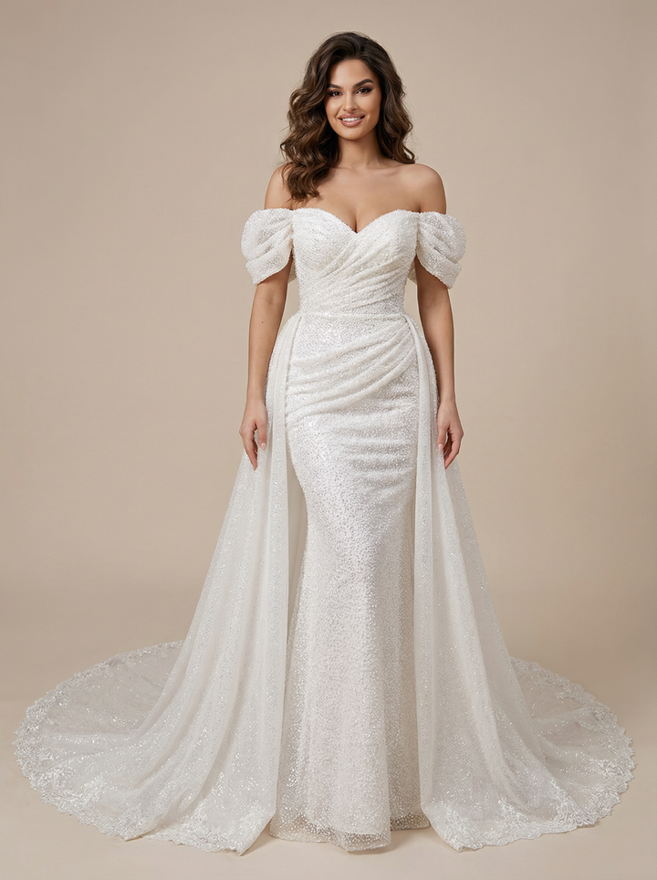 Mermaid Off Shoulder Maxi Long Sequin Wedding Dresses Online With Detachable Skirt
