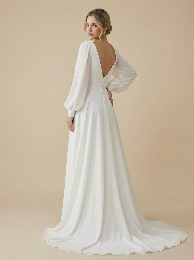 A-Line Long Sleeves V-Neck Maxi Long Chiffon Wedding Dresses Online