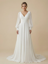 A-Line Long Sleeves V-Neck Maxi Long Chiffon Wedding Dresses Online
