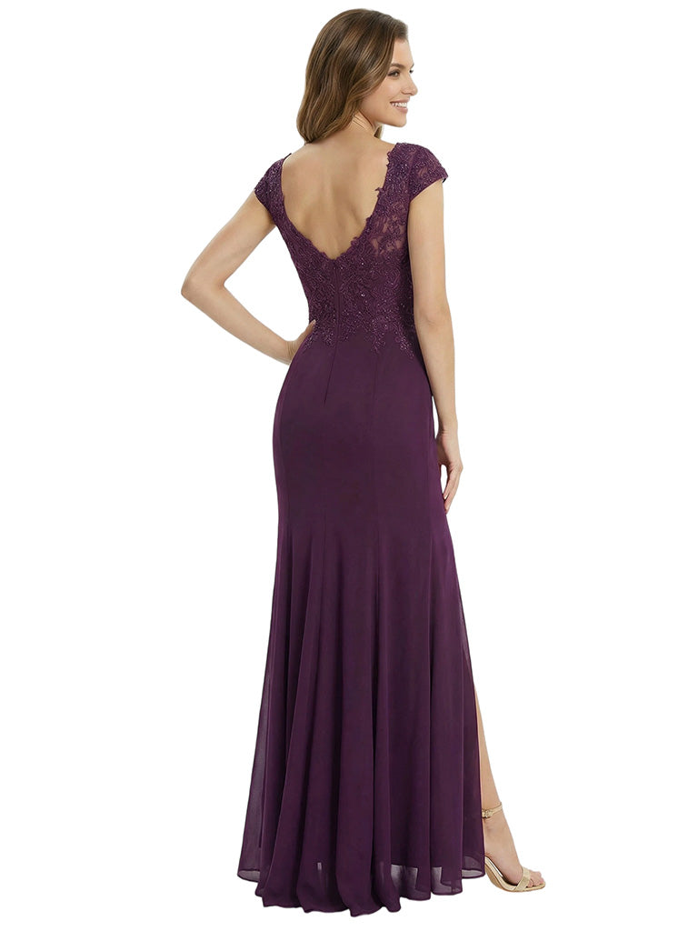 Chic Cap Sleeves Mermaid Lace Appliques Chiffon Mother Of The Bride Dress With Side Slit