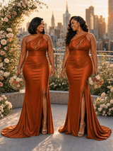 ChicSew Sexy One Shoulder Mermaid Soft Satin Long Bridesmaid Dresses With Side Slit