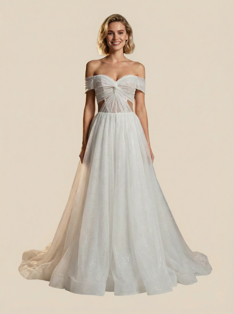 A-Line Off Shoulder Maxi Long Sequin Wedding Dresses Online With Train