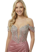 Off The Shoulder Beaded Satin Prom Gown Unique Mermaid Long Dress Slit With Waist Drape