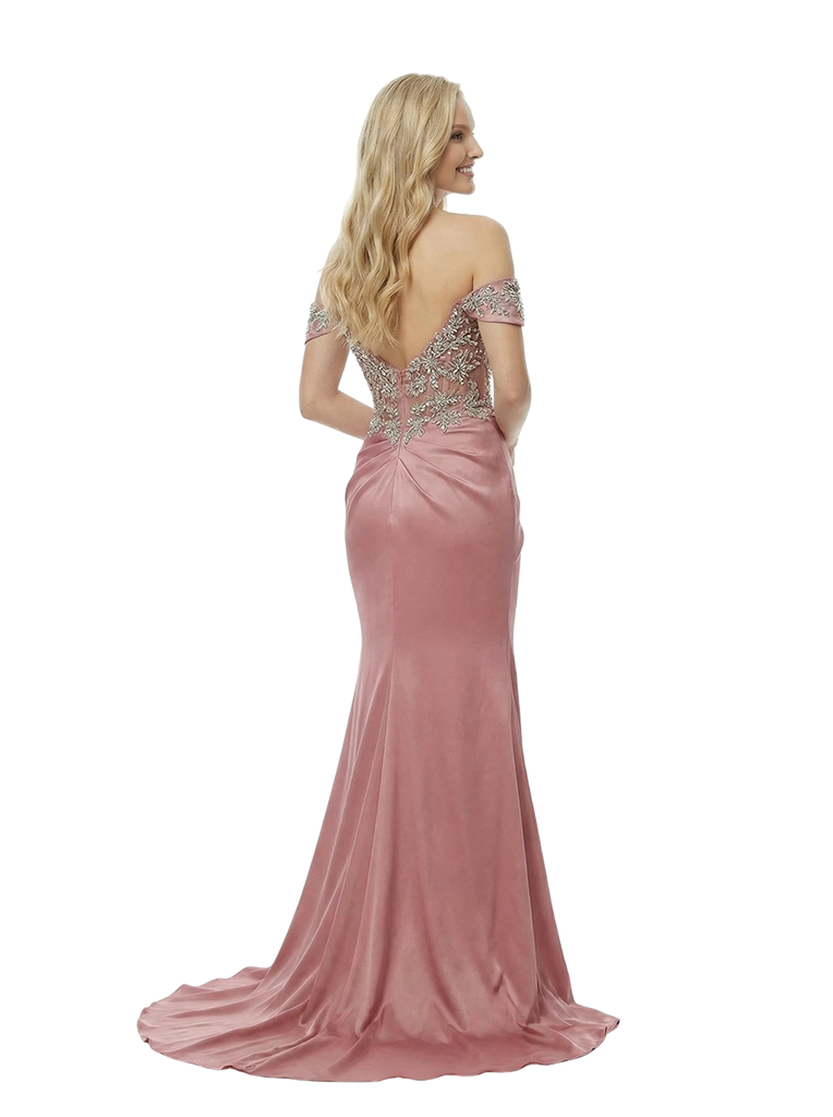 Off The Shoulder Beaded Satin Prom Gown Unique Mermaid Long Dress Slit With Waist Drape