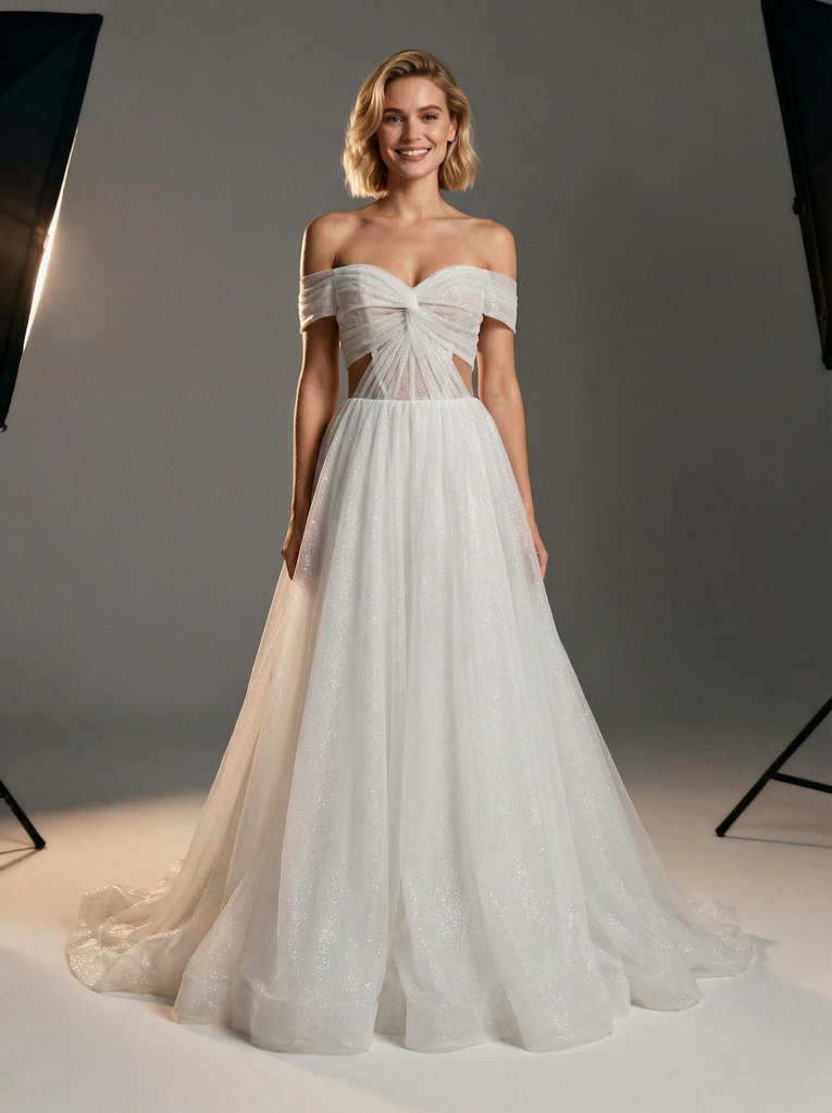 A-Line Off Shoulder Maxi Long Sequin Wedding Dresses Online With Train