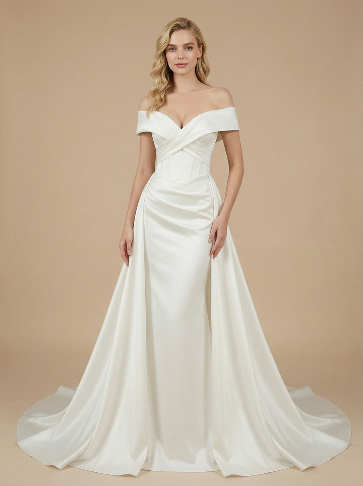 Mermaid Off Shoulder Boning Maxi Long Satin Wedding Dresses Online With Overskirt