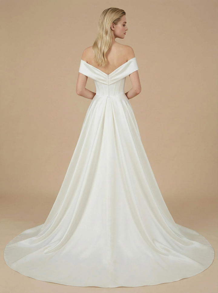 Mermaid Off Shoulder Boning Maxi Long Satin Wedding Dresses Online With Overskirt