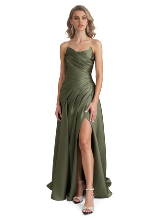Elegant Strapless Silky Satin Pleats A-Line Long Formal Evening Gowns For Ladies