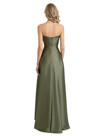 Elegant Strapless Silky Satin Pleats A-Line Long Formal Evening Gowns For Ladies