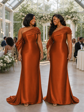 ChicSew Asymmetrical Straps Mermaid Soft Satin Long Bridesmaid Dresses
