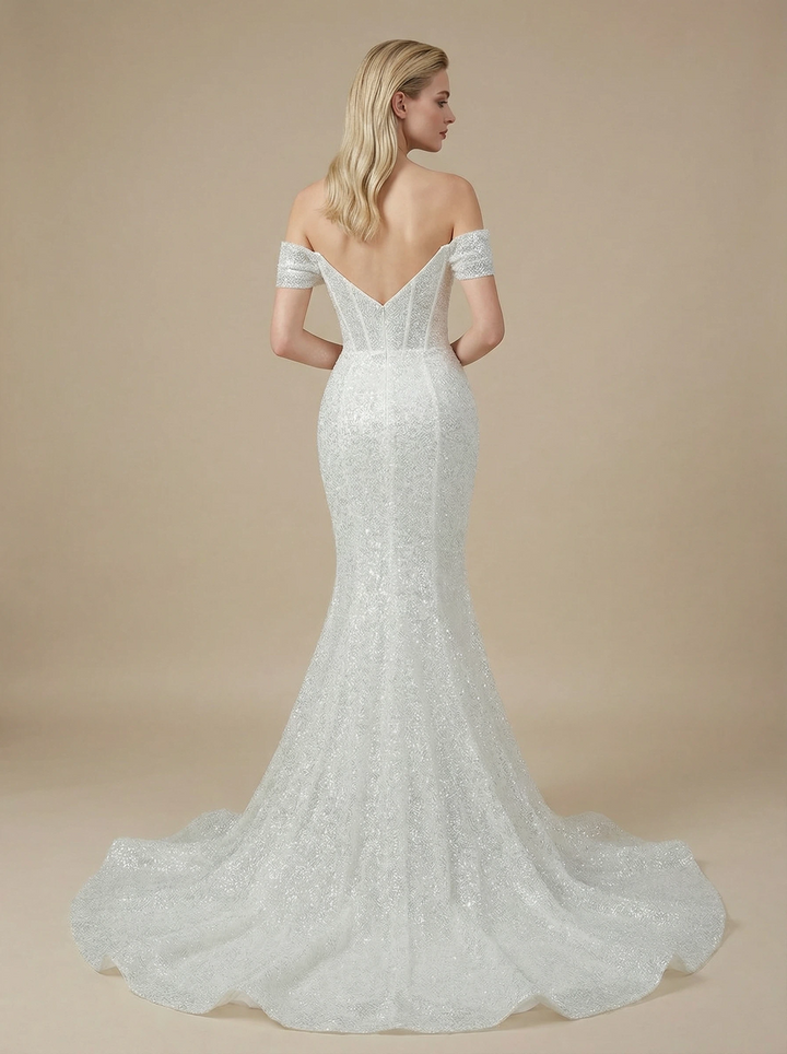 Sparkly Mermaid Off Shoulder Boning Maxi Long Sequin Wedding Dresses Online