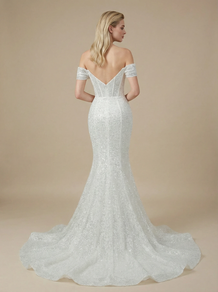 Sparkly Mermaid Off Shoulder Boning Maxi Long Sequin Wedding Dresses Online