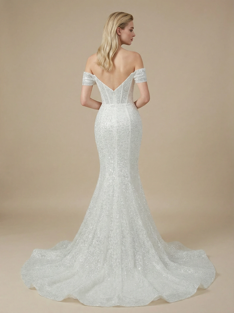Mermaid Off Shoulder Boning Maxi Long Sequin Wedding Dresses Online