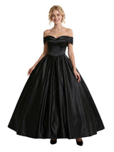 Fancy A-Line Off Shoulder Satin Long Party Prom Dresses