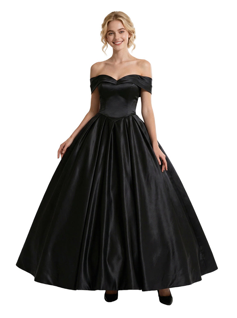 Fancy A-Line Off Shoulder Satin Long Party Prom Dresses