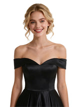 Fancy A-Line Off Shoulder Satin Long Party Prom Dresses