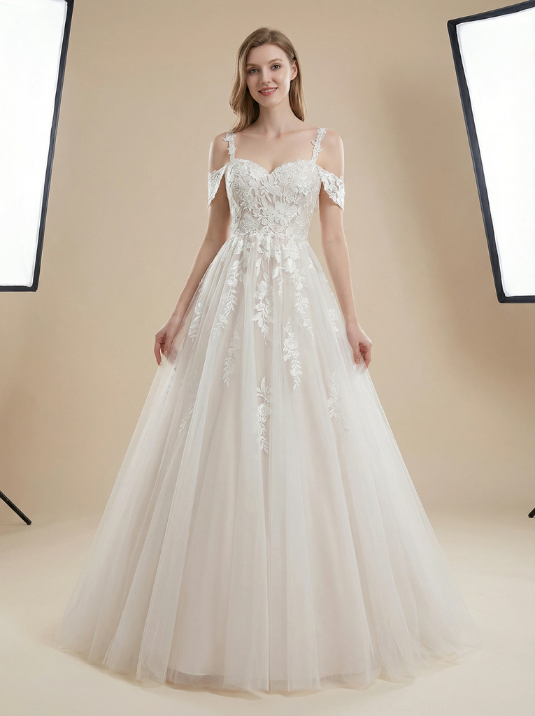 A-Line Cold Shoulder Maxi Long Lace Wedding Dresses Online