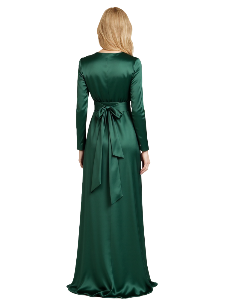 Elegant V-Neck Long Sleeves Satin Floor length Mother of The Bride Dresses For Wedding