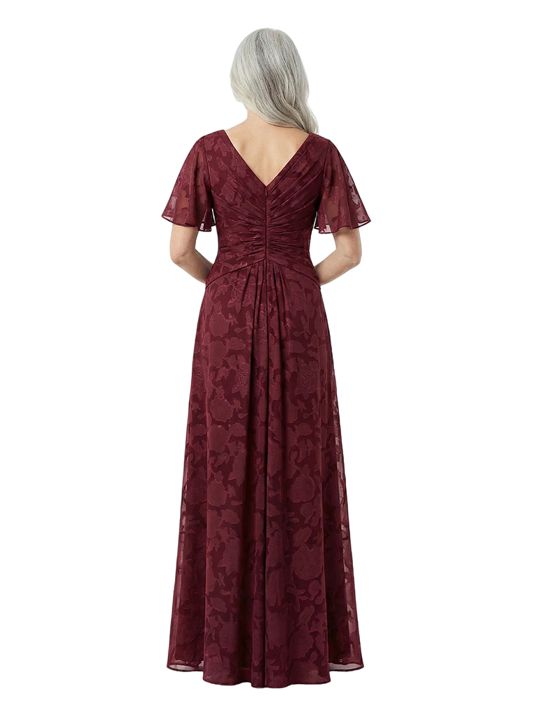 Chicsew Elegant V-Neck Short Sleeves Floral Burnout Chiffon A-line Formal Evening Dresses