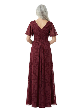 Chicsew Elegant V-Neck Short Sleeves Floral Burnout Chiffon A-line Formal Evening Dresses