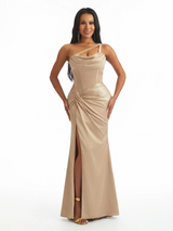 Sexy Mermaid One Shoulder Twisted Knot Side Slit Soft Satin Long Formal Dresses