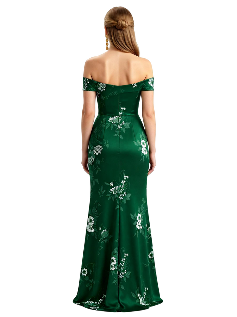 Simple Off Shoulder Side Slit Mermaid Long Satin Floral Formal Evening Dresses For Ladies