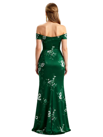 Simple Off Shoulder Side Slit Mermaid Long Satin Floral Formal Evening Dresses For Ladies