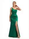Sexy Side Slit One Shoulder Boning Mermaid Soft Satin Long Formal Dresses