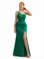 Sexy Side Slit One Shoulder Boning Mermaid Soft Satin Long Formal Dresses