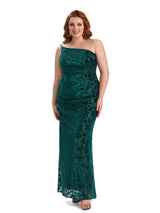 Plus Size Sexy Mermaid One Shoulder Side Slit Floral Velvet Long Bridesmaid Dresses